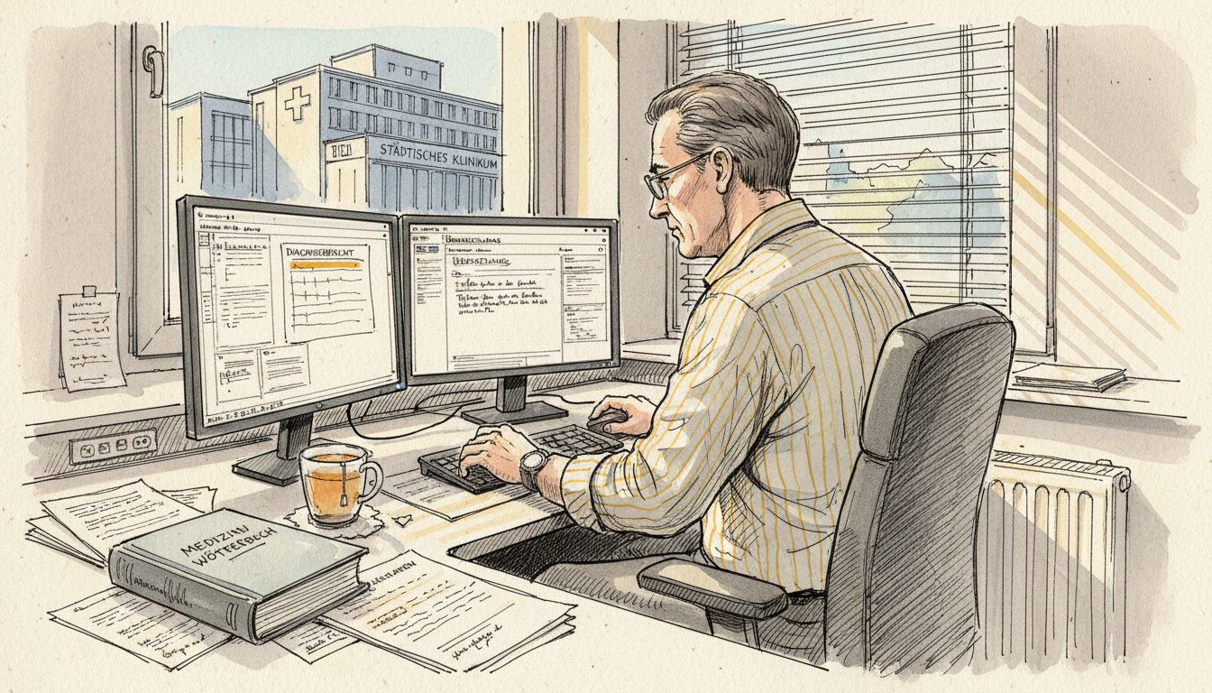 Eine medizinische Fachübersetzerin prüft am Computer sorgfältig wichtige Dokumente.