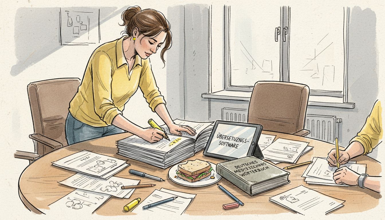 Eine Koordinatorin prüft medizinische Unterlagen am Schreibtisch.