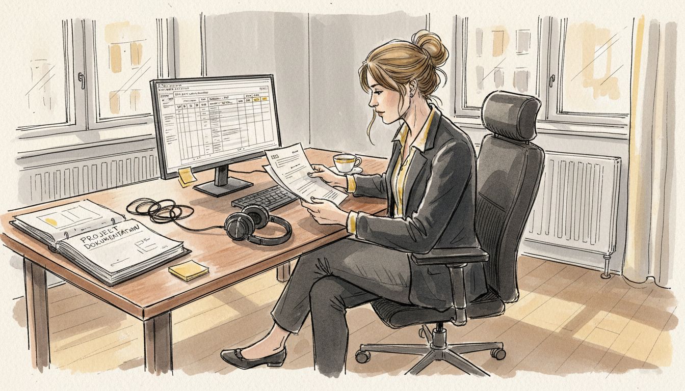 Översättare som granskar både pappersdokument och digitala filer