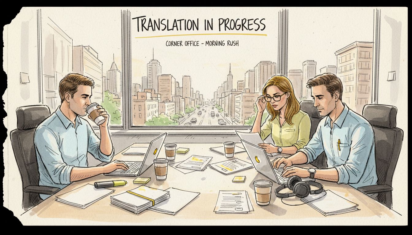 Team of translators collaborating at sunlit office table