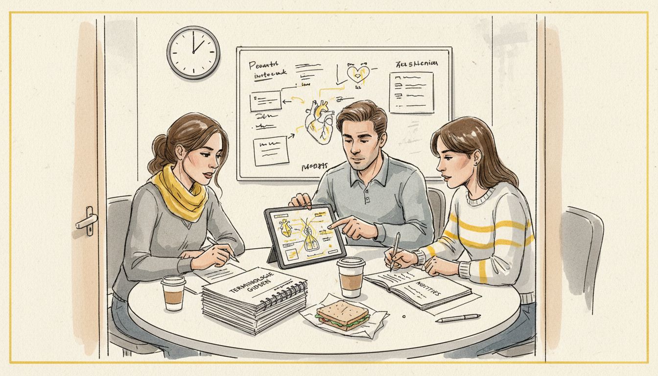 Een team bespreekt medische termen tijdens een overleg in de vergaderruimte.