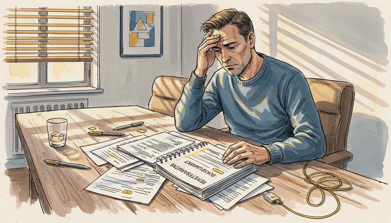 Ein Lektor sitzt am Schreibtisch und vergleicht verschiedene Ausdrucke von Übersetzungen.