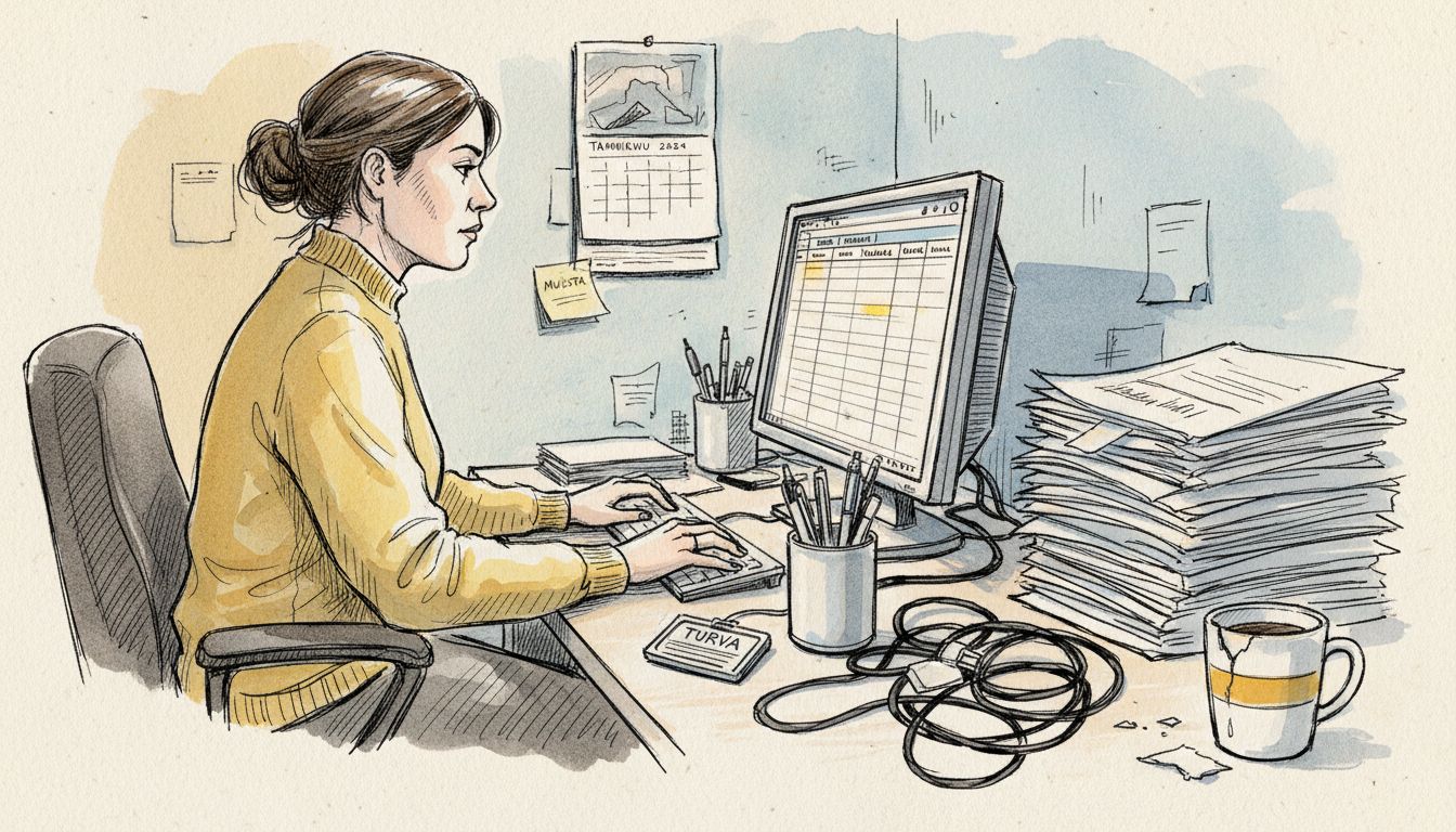 Kääntäjä huolehtii luottamuksellisten asiakirjojen tietoturvasta työpöytänsä ääressä.