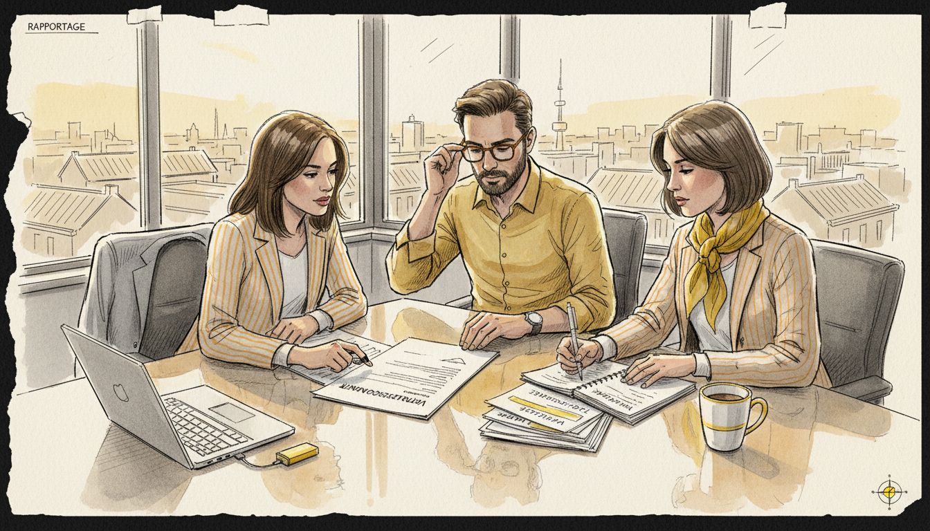 Het team van het vertaalbureau houdt overleg in een lichte, moderne kantoorruimte.