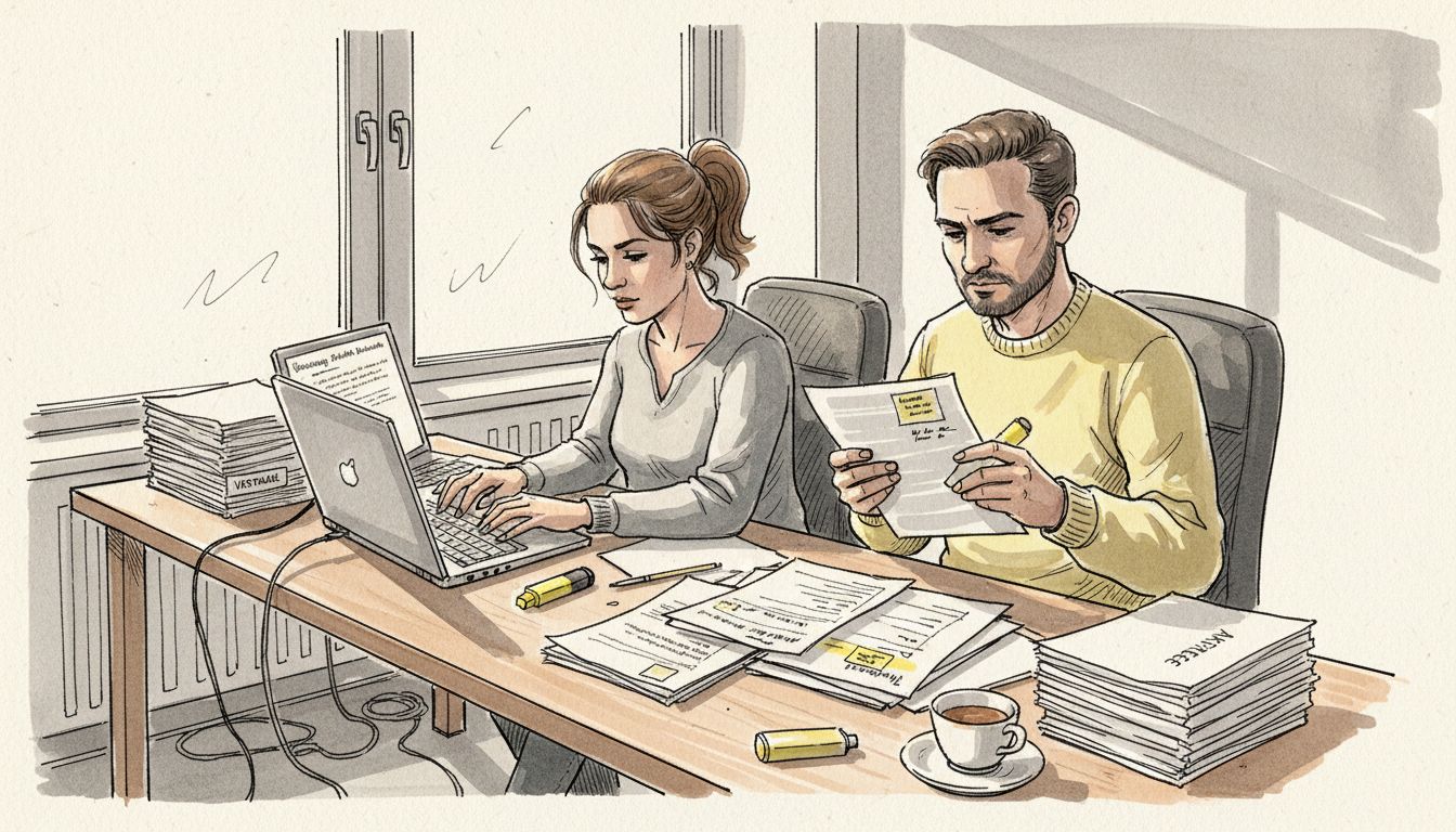 Juristische Übersetzerinnen und Übersetzer arbeiten gemeinsam an einem Schreibtisch im Büro.