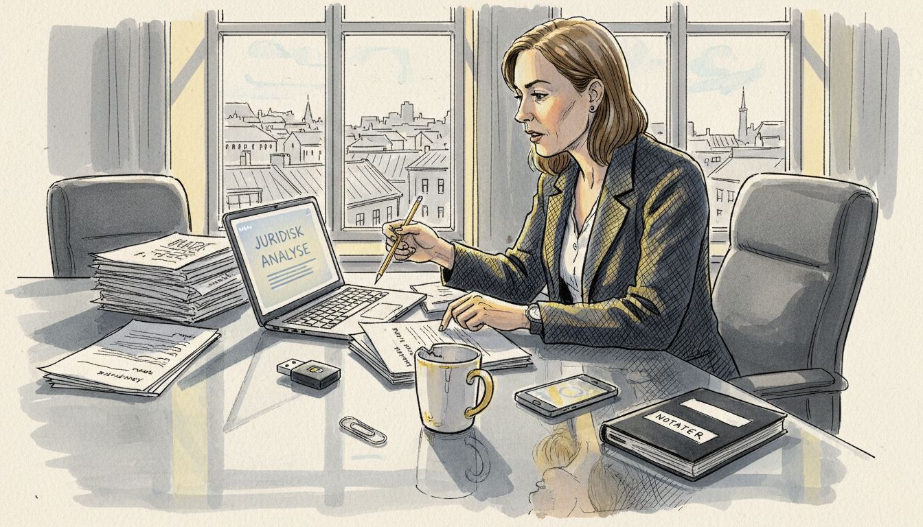 En oversetter sitter i et lyst hjørnekontor og går nøye gjennom dokumenter.