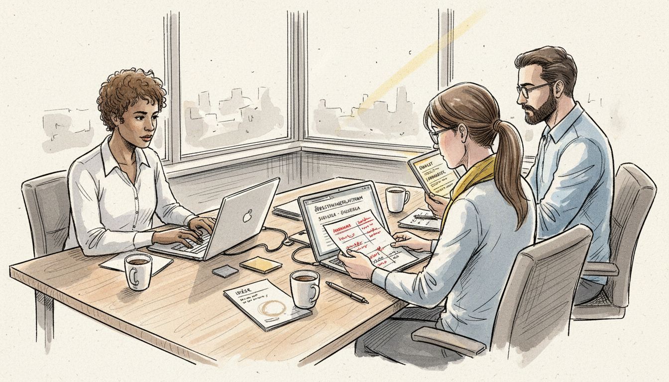 Ett team som går igenom olika översättningsverktyg i ett ljust och soligt kontor.