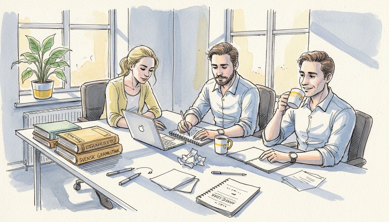 Ett team samarbetar i ett ljust hörnkontor