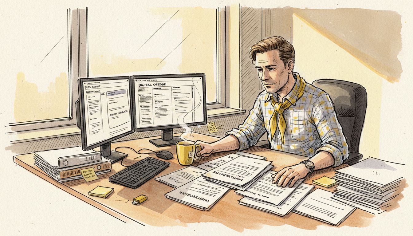 En oversetter går nøye gjennom arbeidsflyten ved skrivebordet sitt.