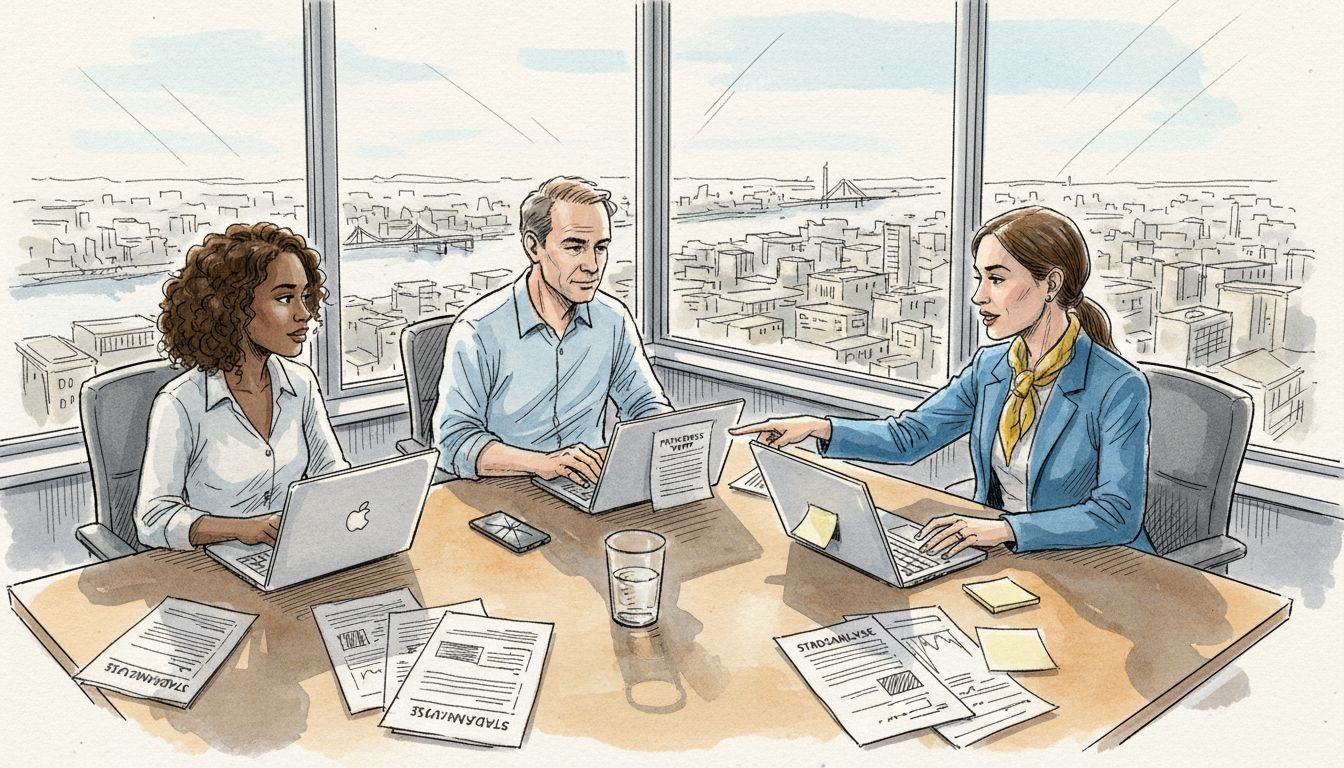 Een team overlegt op kantoor over verschillende vertaaltools.