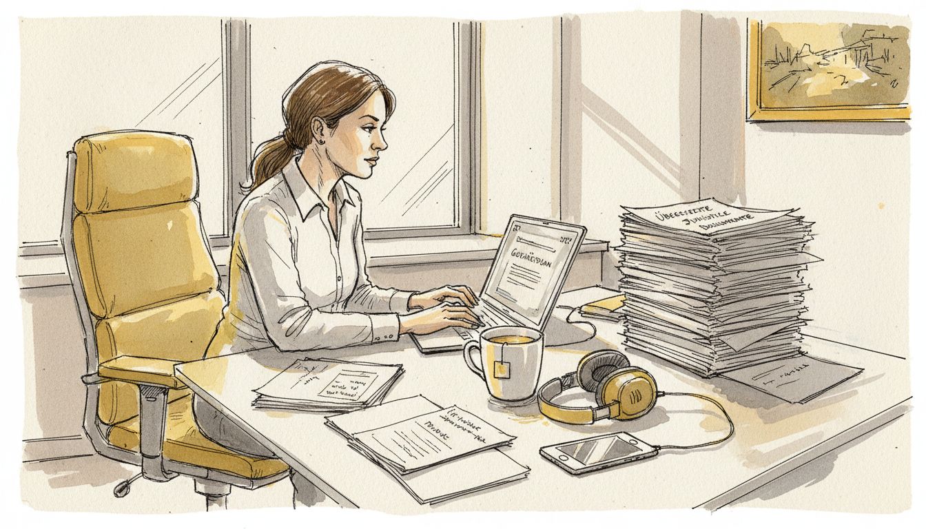 Ein Übersetzer sitzt frühmorgens in seinem Eckbüro und lässt sich von den ersten Sonnenstrahlen beim Arbeiten inspirieren.