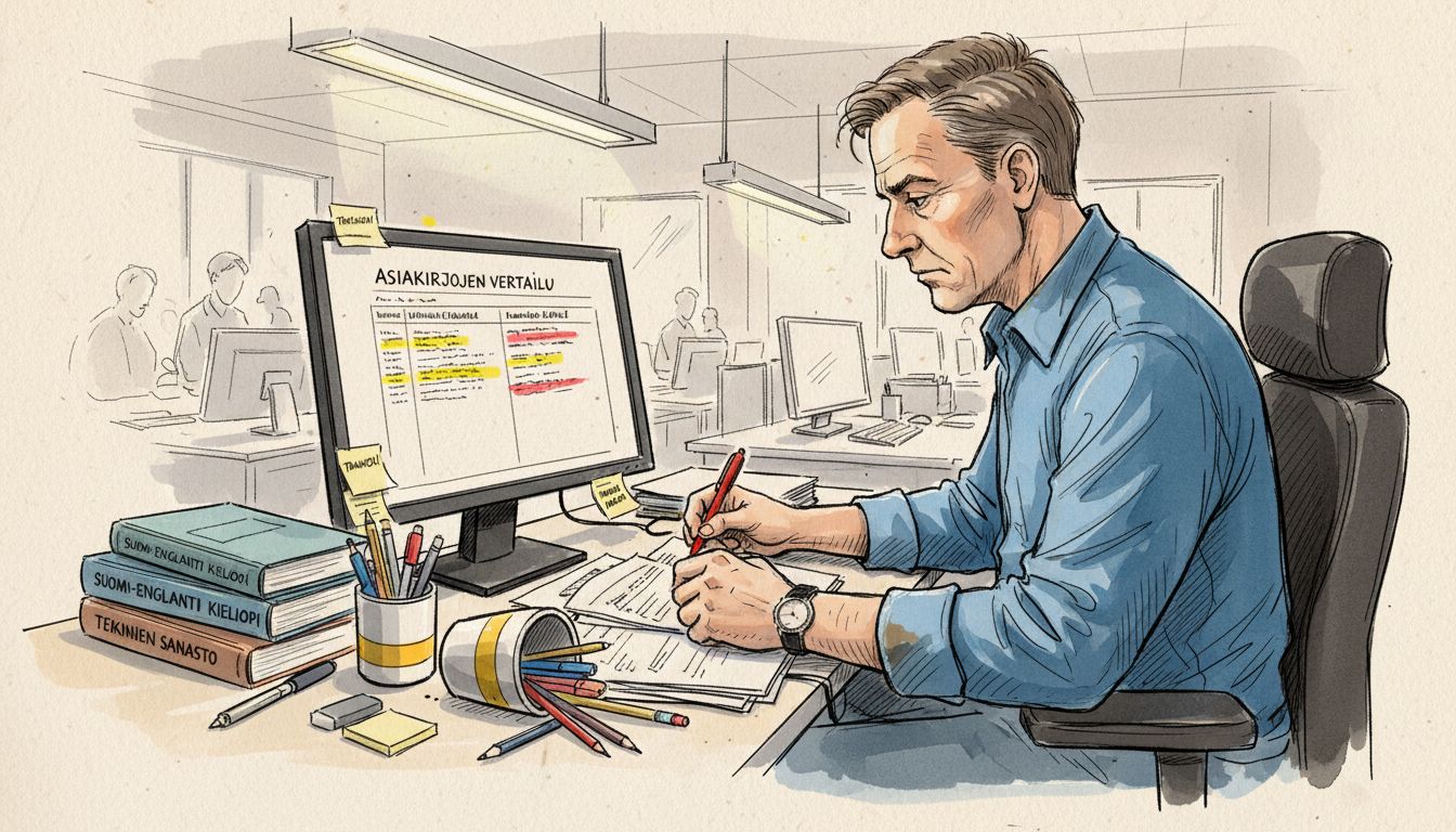 Asiantuntija käy läpi käännöksen vedosta paperilta tarkistaakseen sen laadun.