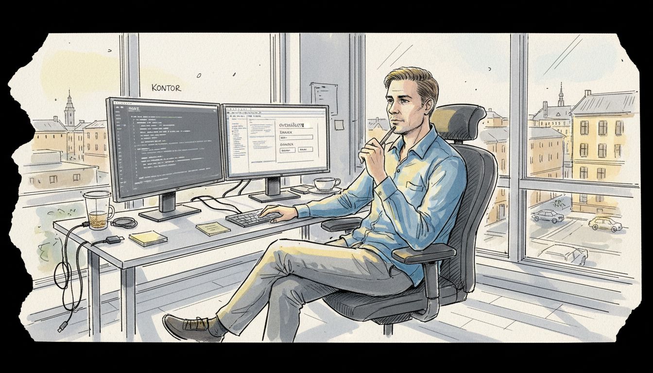 En IT-specialist sidder ved computeren og vurderer forskellige oversættelsesværktøjer.