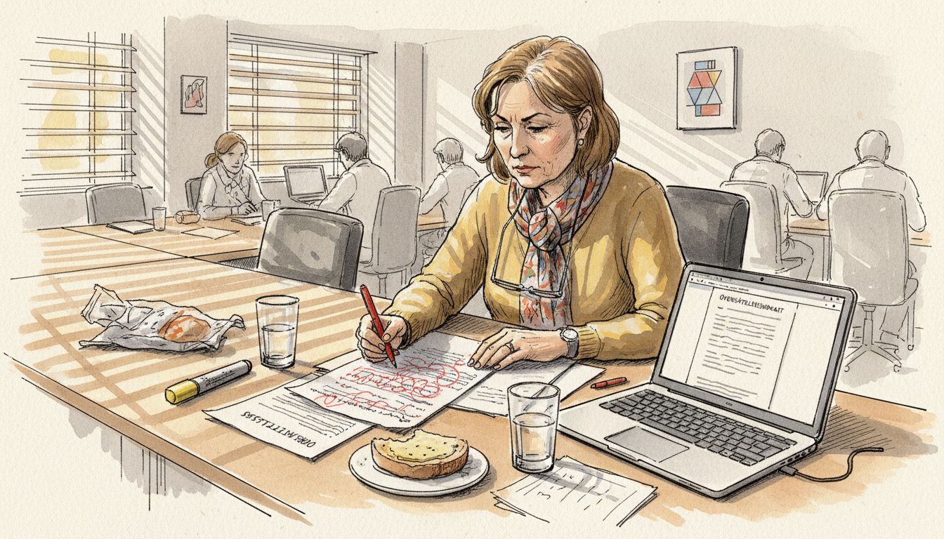 Redaktøren gennemgår et oversat dokument ved skrivebordet