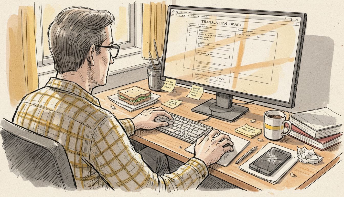 Translator reviewing AI-generated content at desk