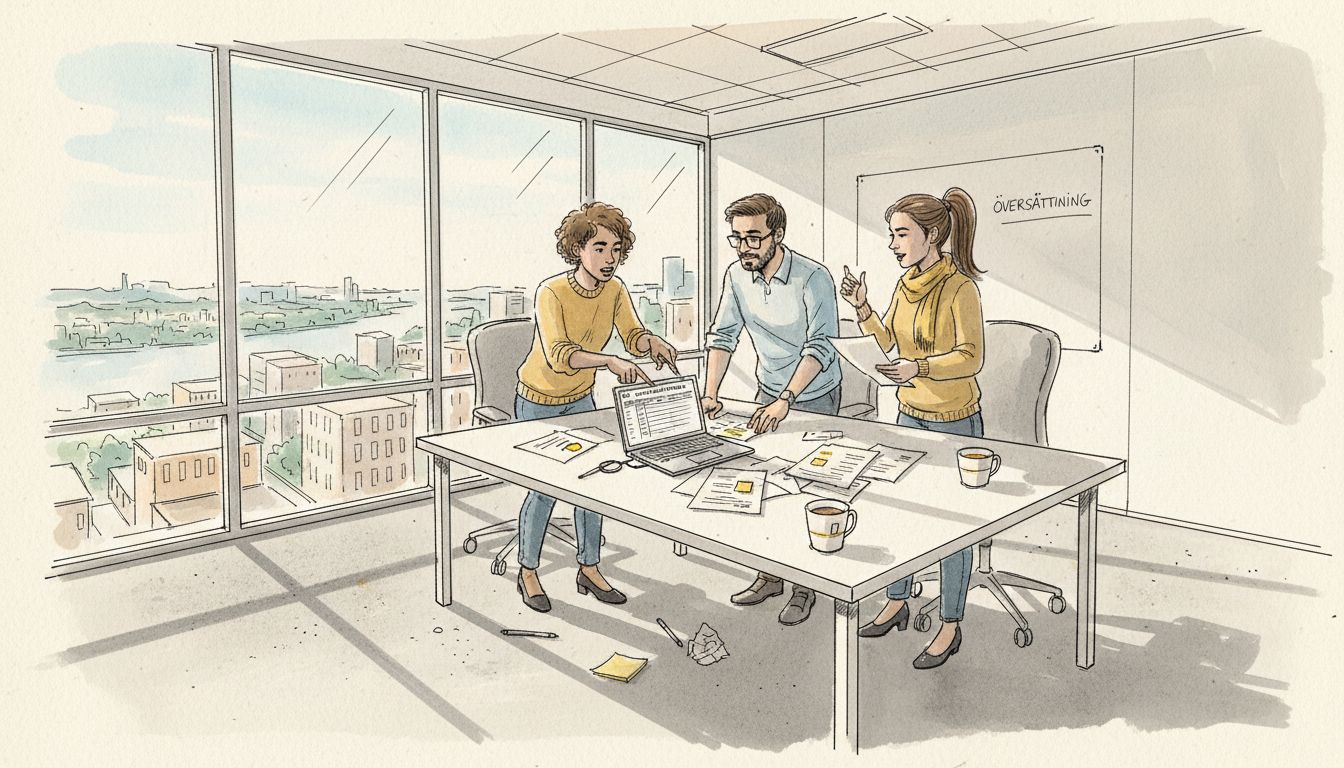 Översättningsteamet samlas på kontoret för att gå igenom dokument tillsammans.