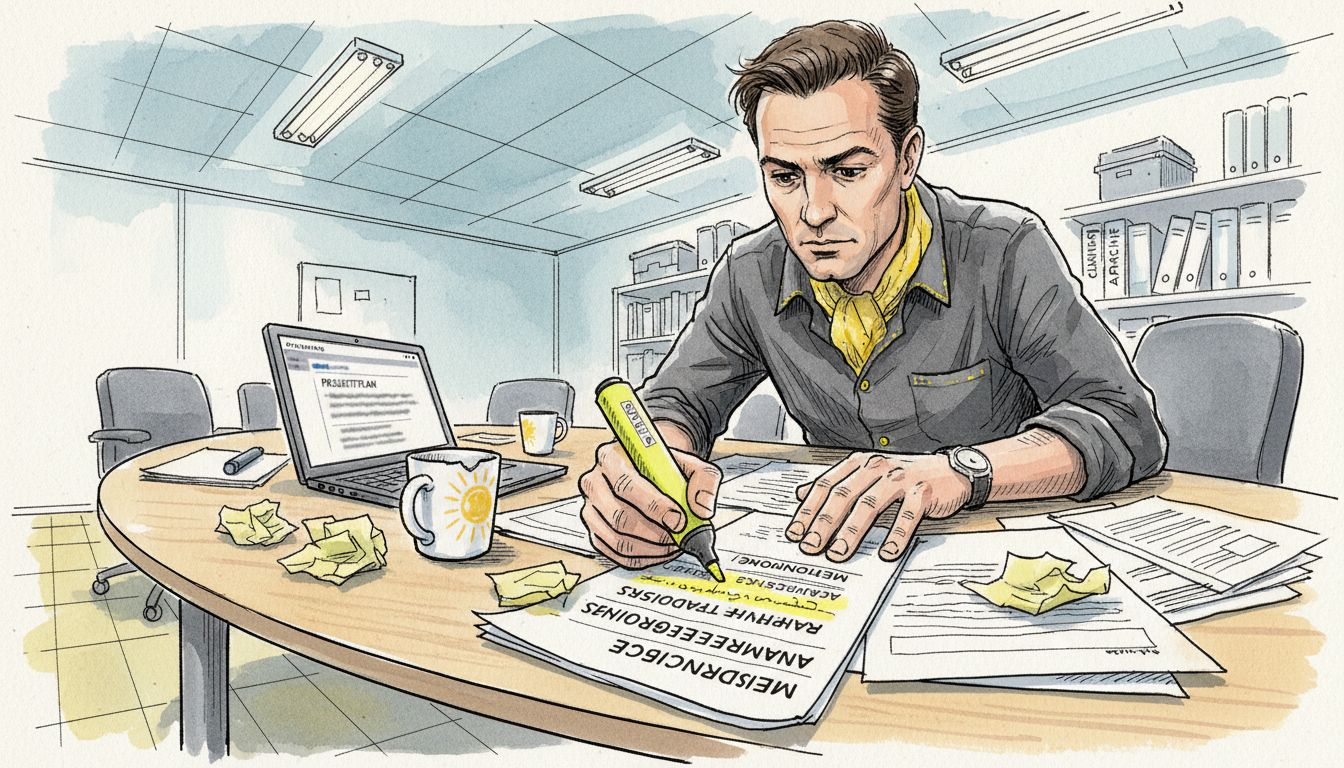 De manager bekijkt geprinte lijsten met medische termen.