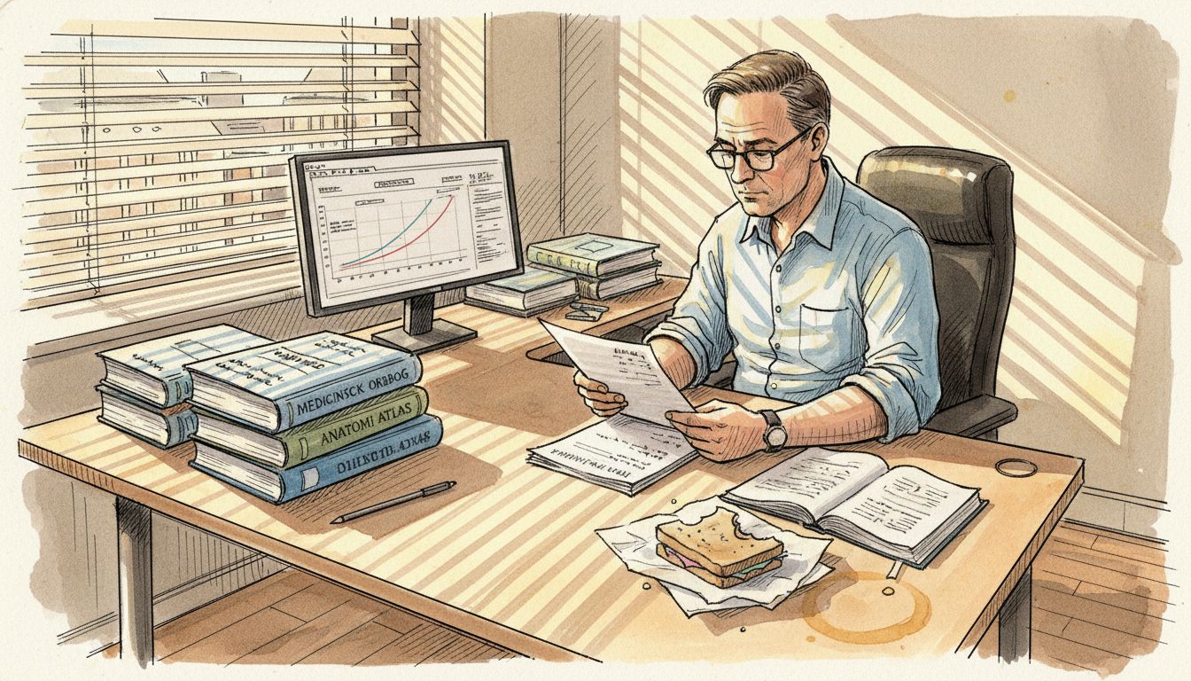 En medicinsk oversætter gennemgår faglige dokumenter på sit kontor