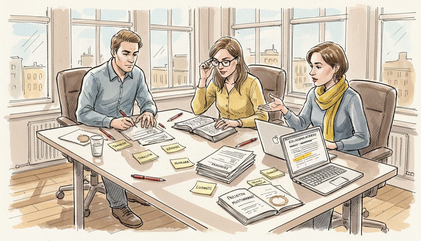 Kieliasiantuntijat perehtyvät asiakirjoihin yhdessä neuvottelupöydän ääressä.