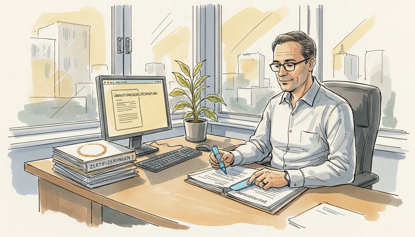 Eine Compliance-Beauftragte prüft Übersetzungsdokumente auf ihre Richtigkeit und Einhaltung der Vorschriften.