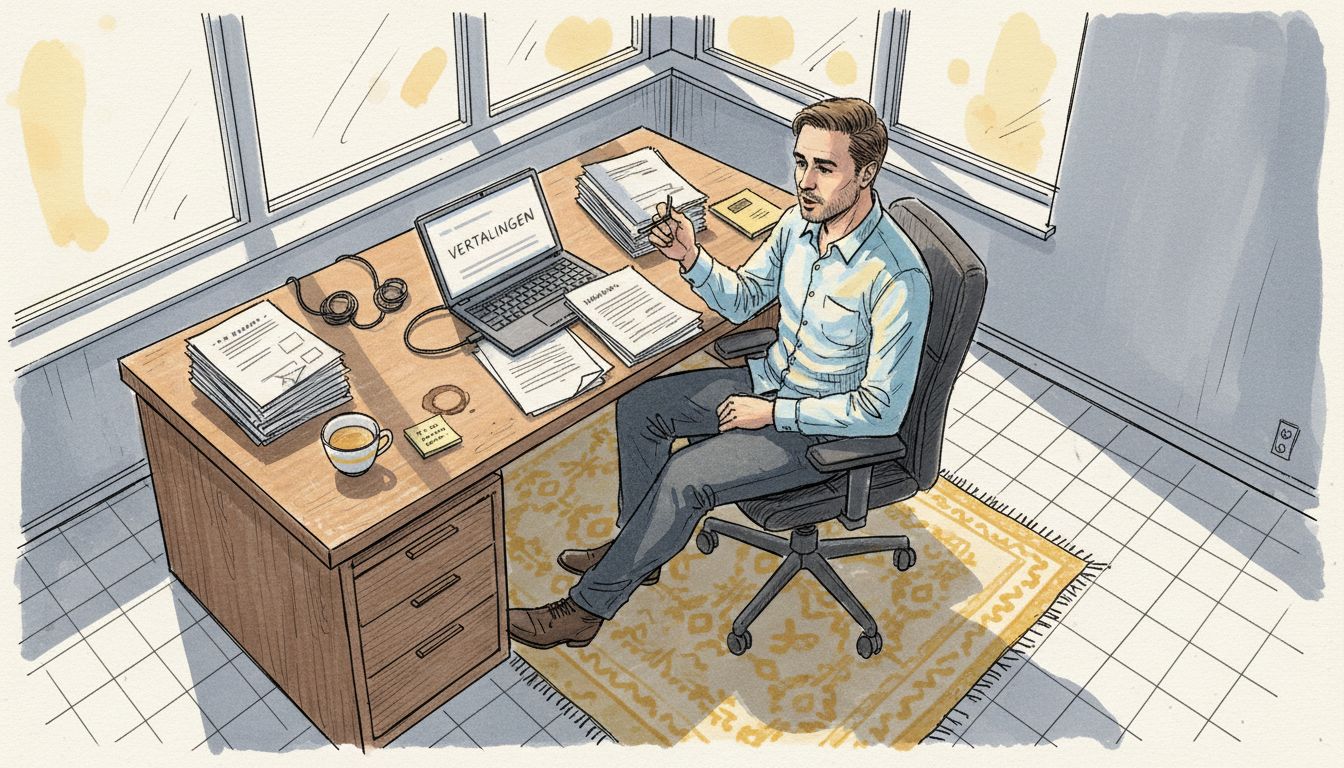 Een vertaler bladert geconcentreerd door stapels documenten in een zonnig kantoor.