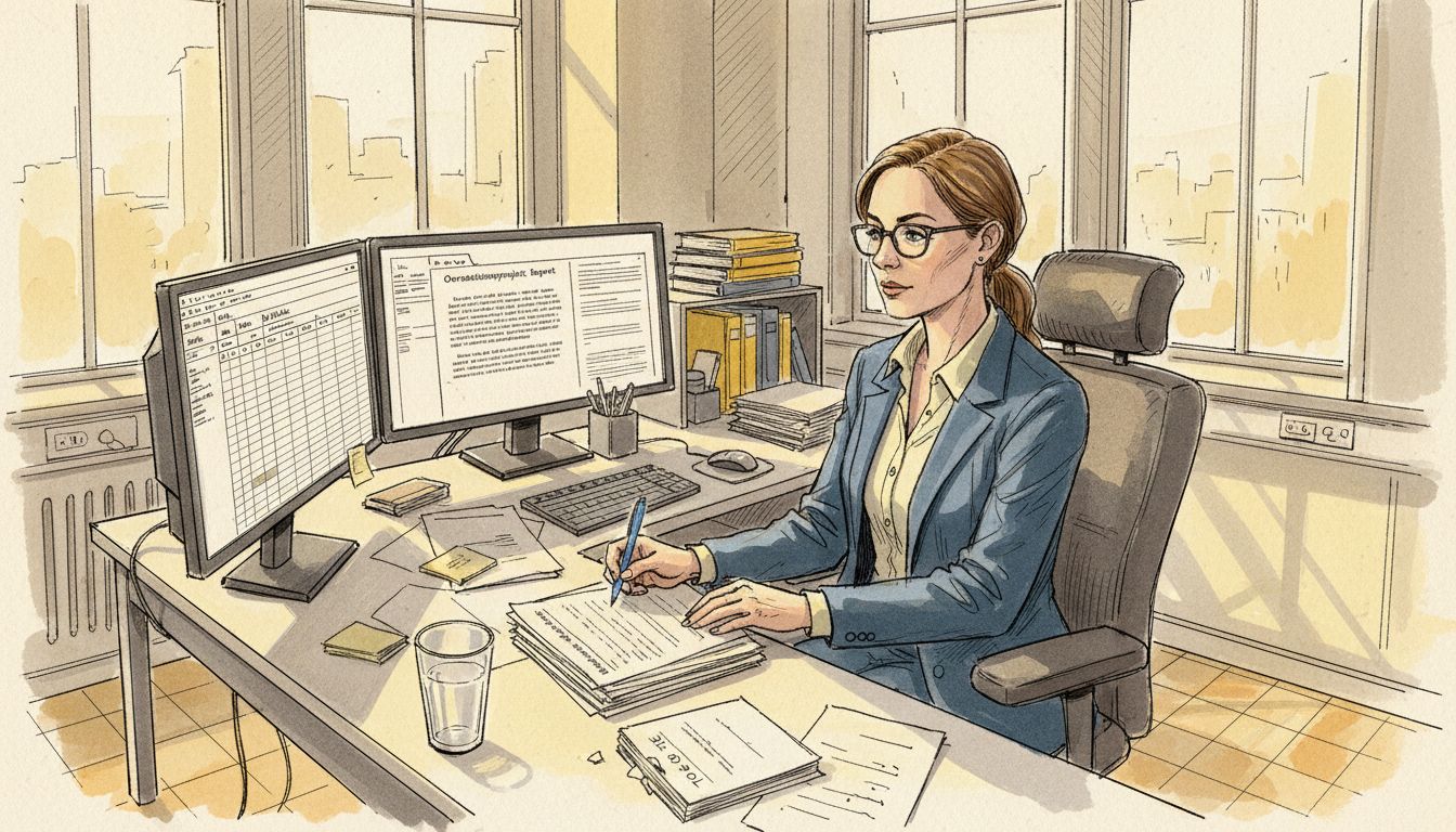 Projektlederen sidder ved skrivebordet og gennemgår oversættelser
