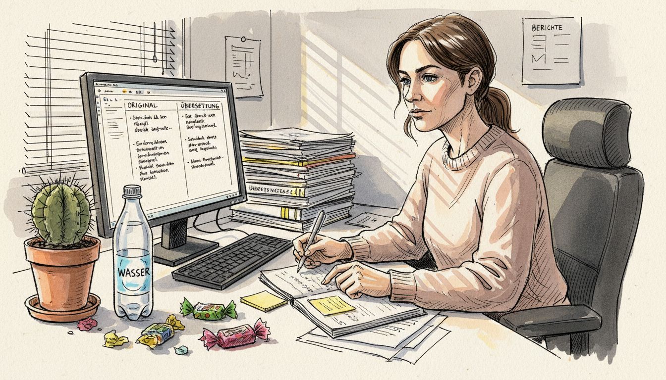 Ein Ingenieur sitzt am Schreibtisch und vergleicht verschiedene Übersetzungsberichte.