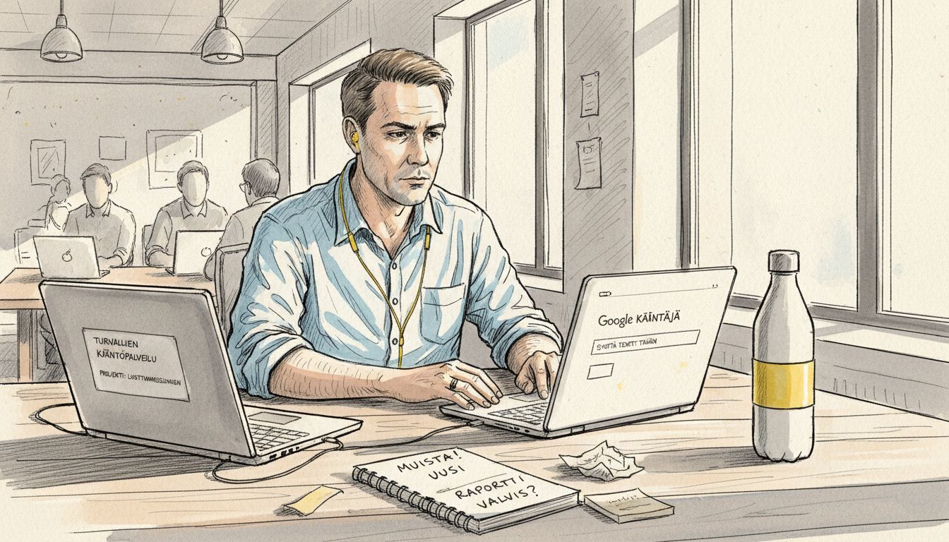 Henkilö vertailee julkisia ja tietoturvallisia käännöstyökaluja keskenään.