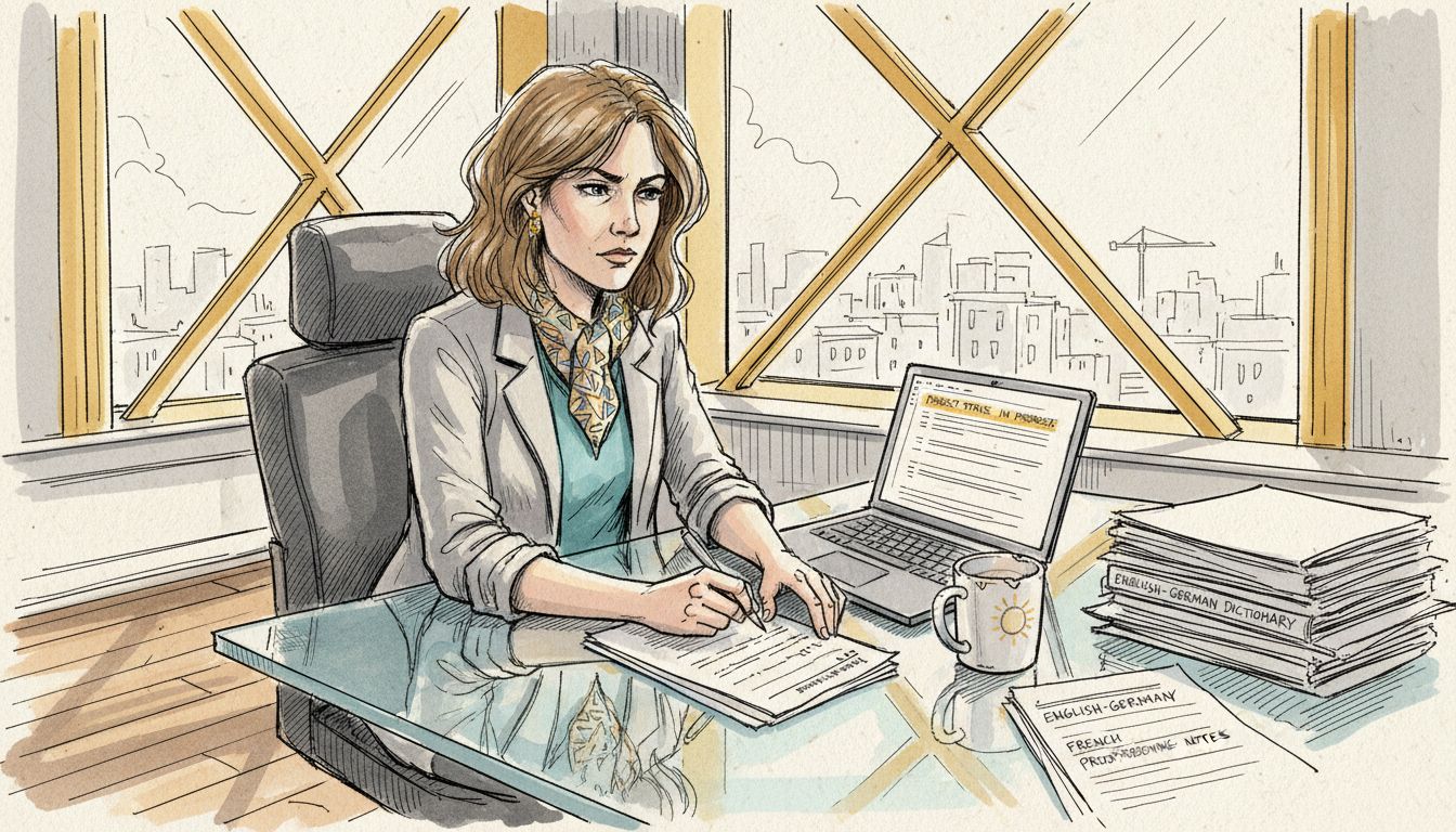 Professional reviewing translation checklist in corner office