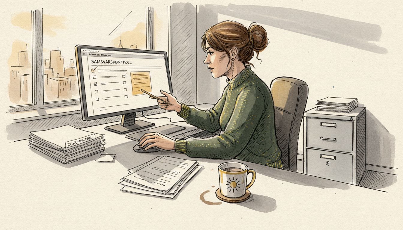 En kvinne sitter på hjørnekontoret og går gjennom rutiner for å sikre at alt er i samsvar med regelverket.