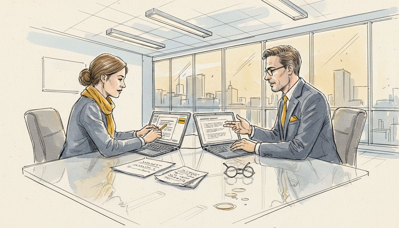 En oversætter og en juridisk ekspert arbejder tæt sammen ved bordet.