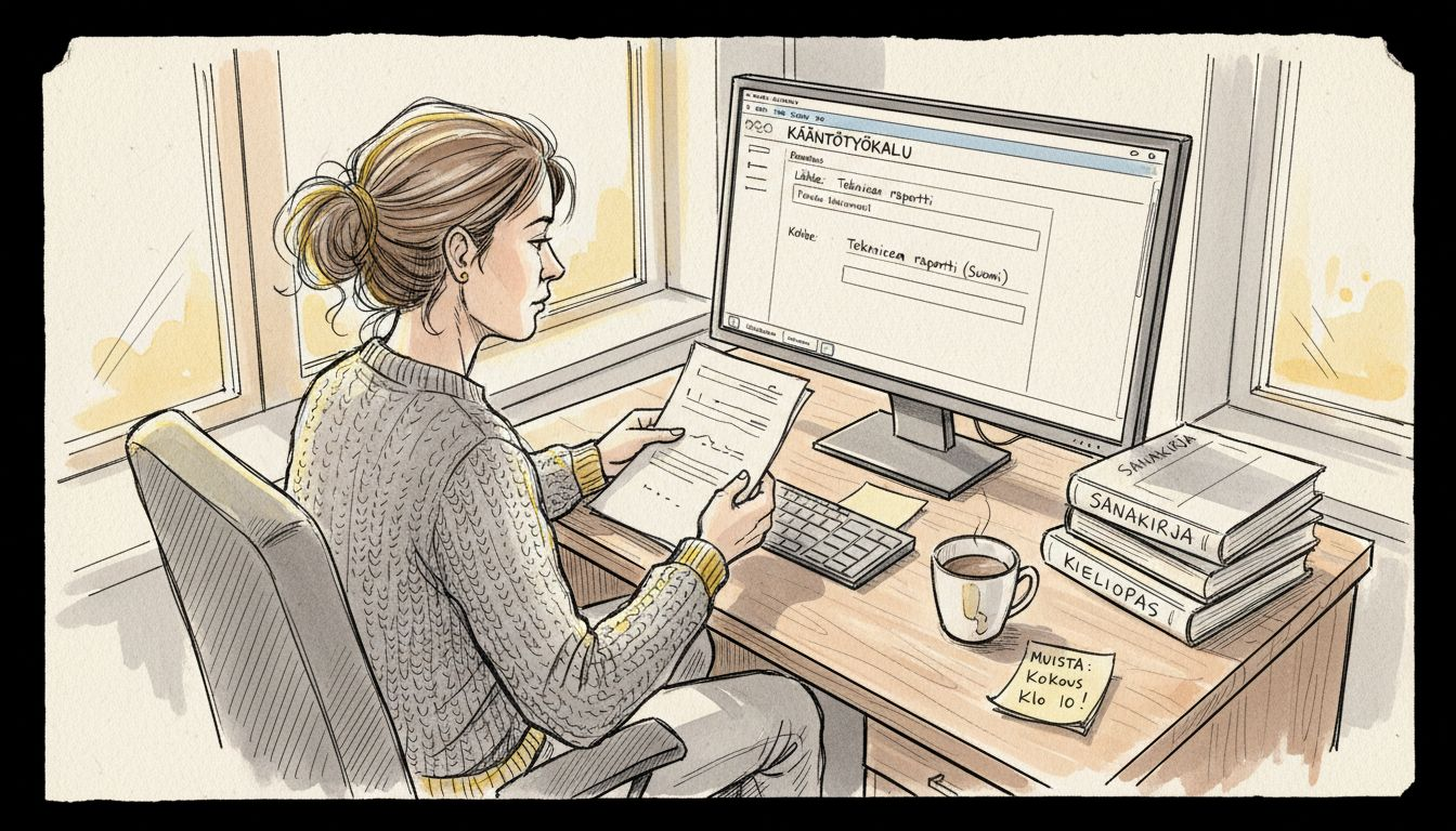 Kääntäjä tekee töitä työpöydän ääressä tekoälyn kanssa yhteistyössä.