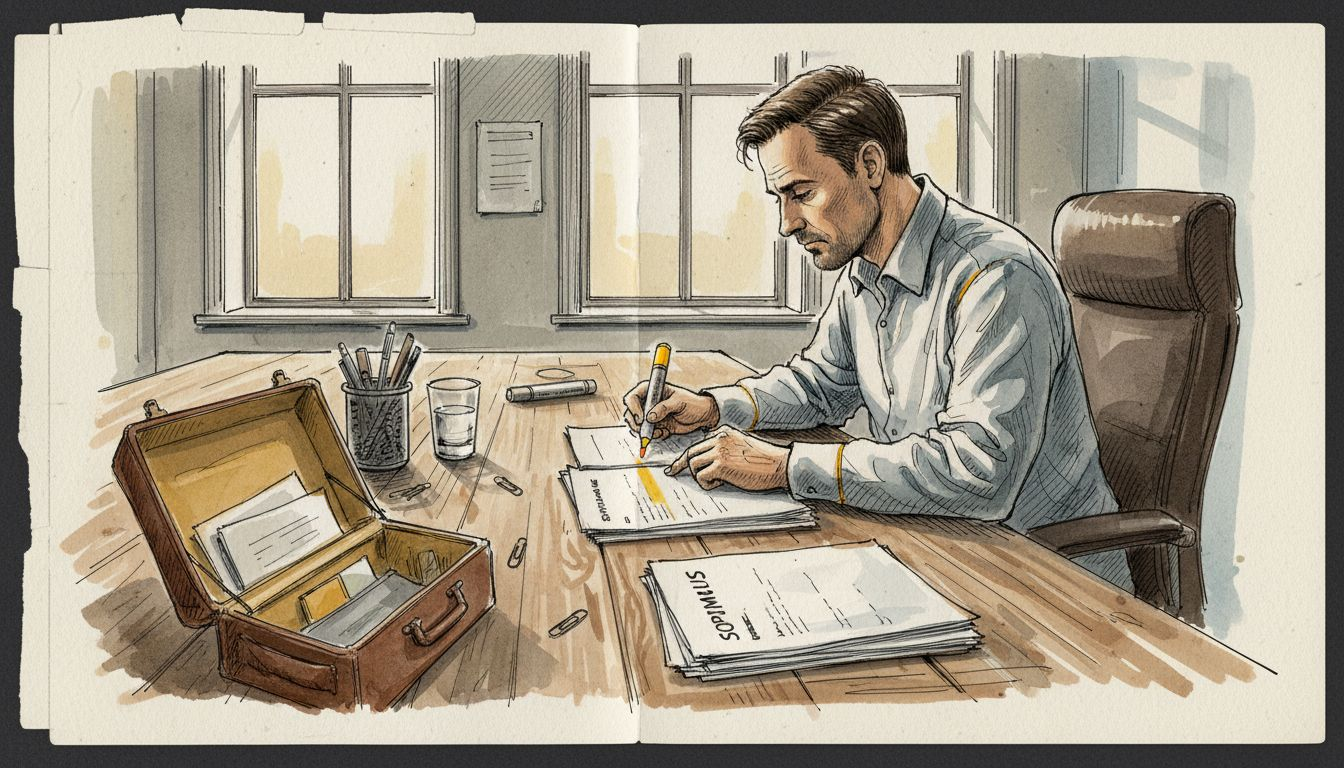 Lakikääntäjä tarkistaa sopimusta työpöytänsä ääressä ja merkitsee siihen tärkeitä kohtia.