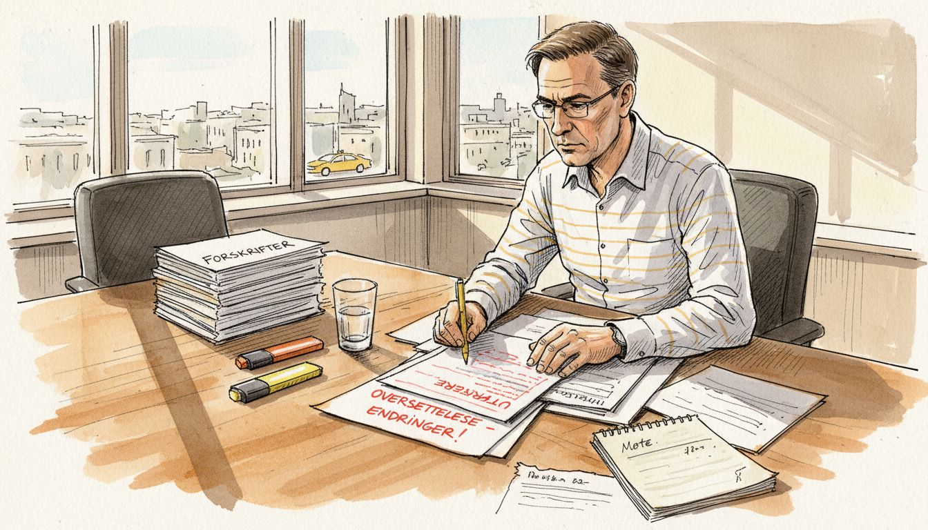 En oversetter sitter på kontoret og jobber med regelverksdokumenter.