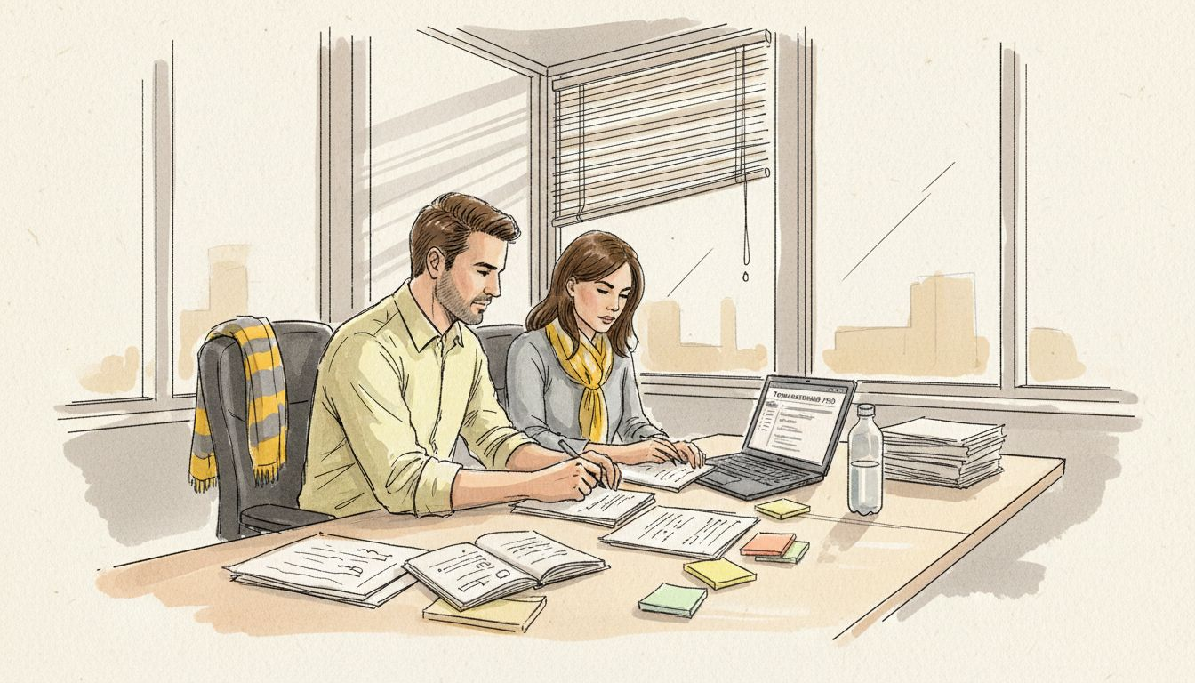 Translators reviewing documents in corner office