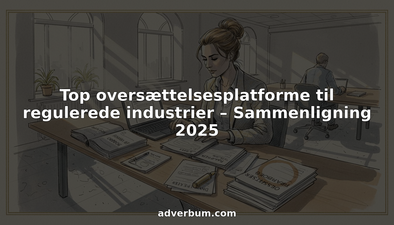 En kvinde sidder ved sit skrivebord på et travlt oversættelseskontor og sammenligner forskellige dokumenter.