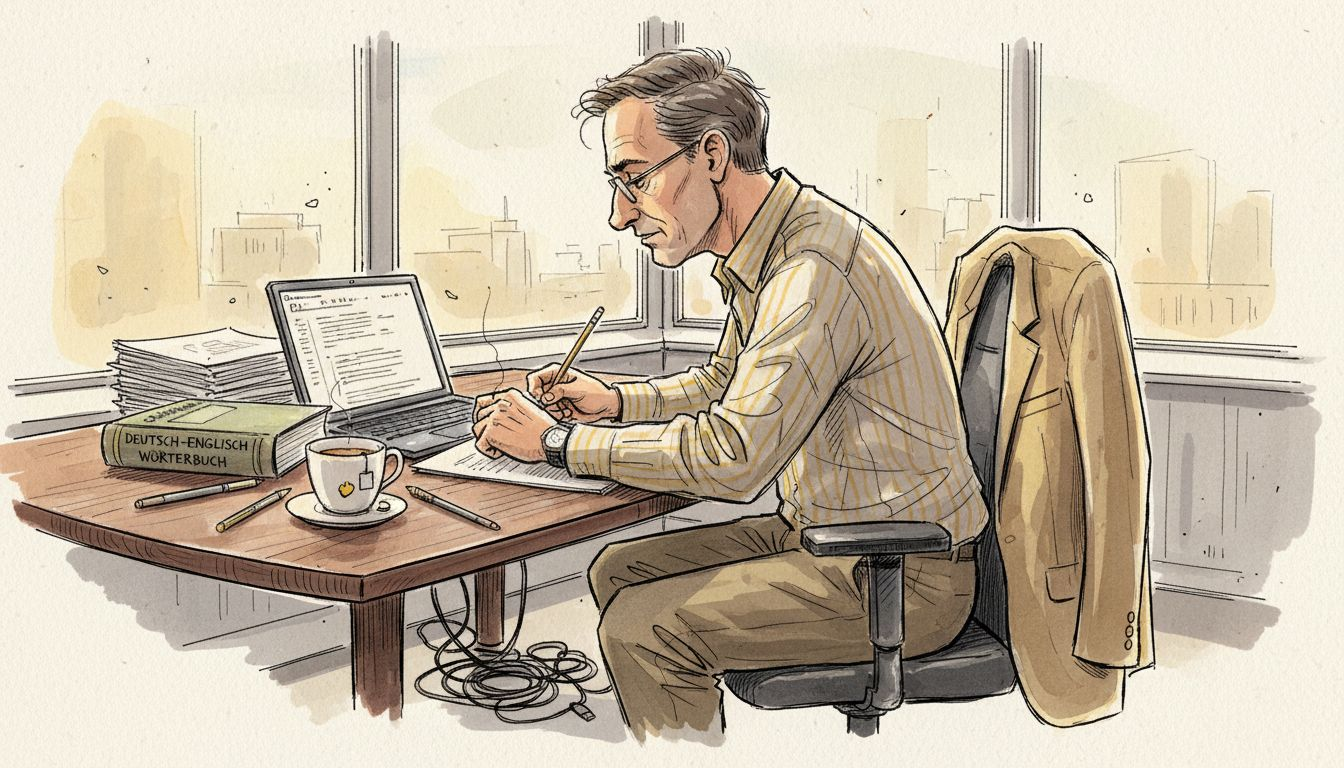 Eine Übersetzungsexpertin prüft Unterlagen im Büro der Stadtverwaltung.