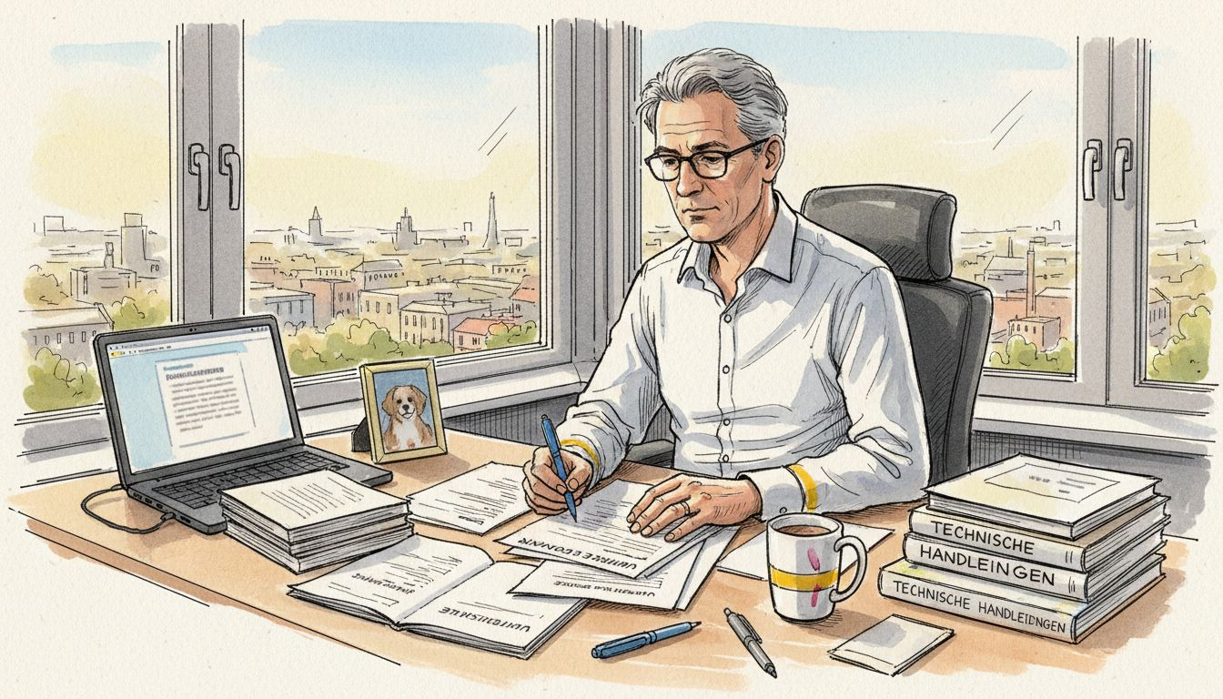 Een vertaler verdiept zich in documenten aan het bureau in de hoek van het kantoor.