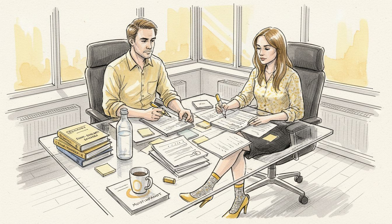 Käännöstiimi tarkistaa ja käy läpi teknisiä asiakirjoja yhdessä.