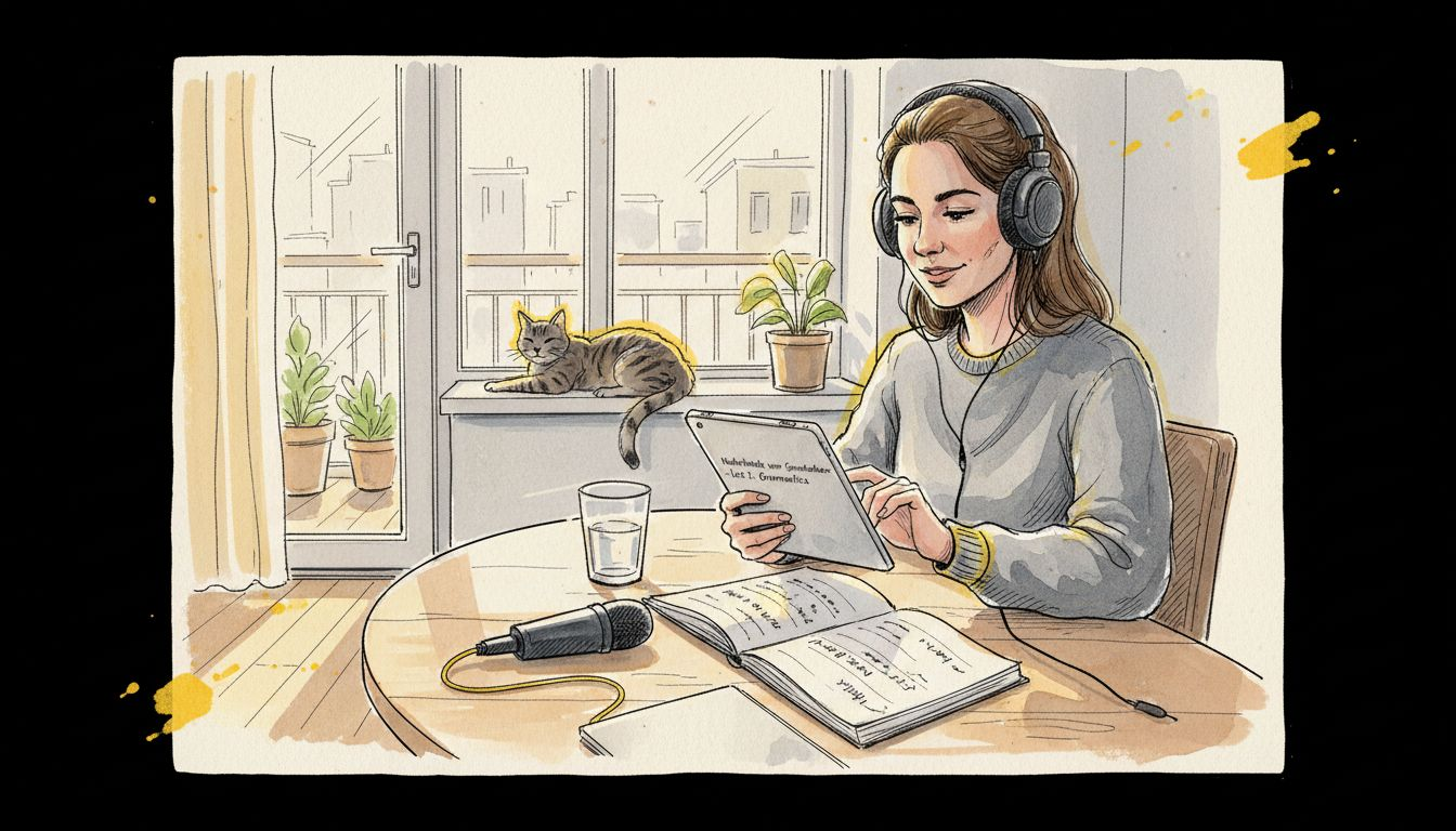 Een vertaler die vanuit huis een online taalcursus volgt.