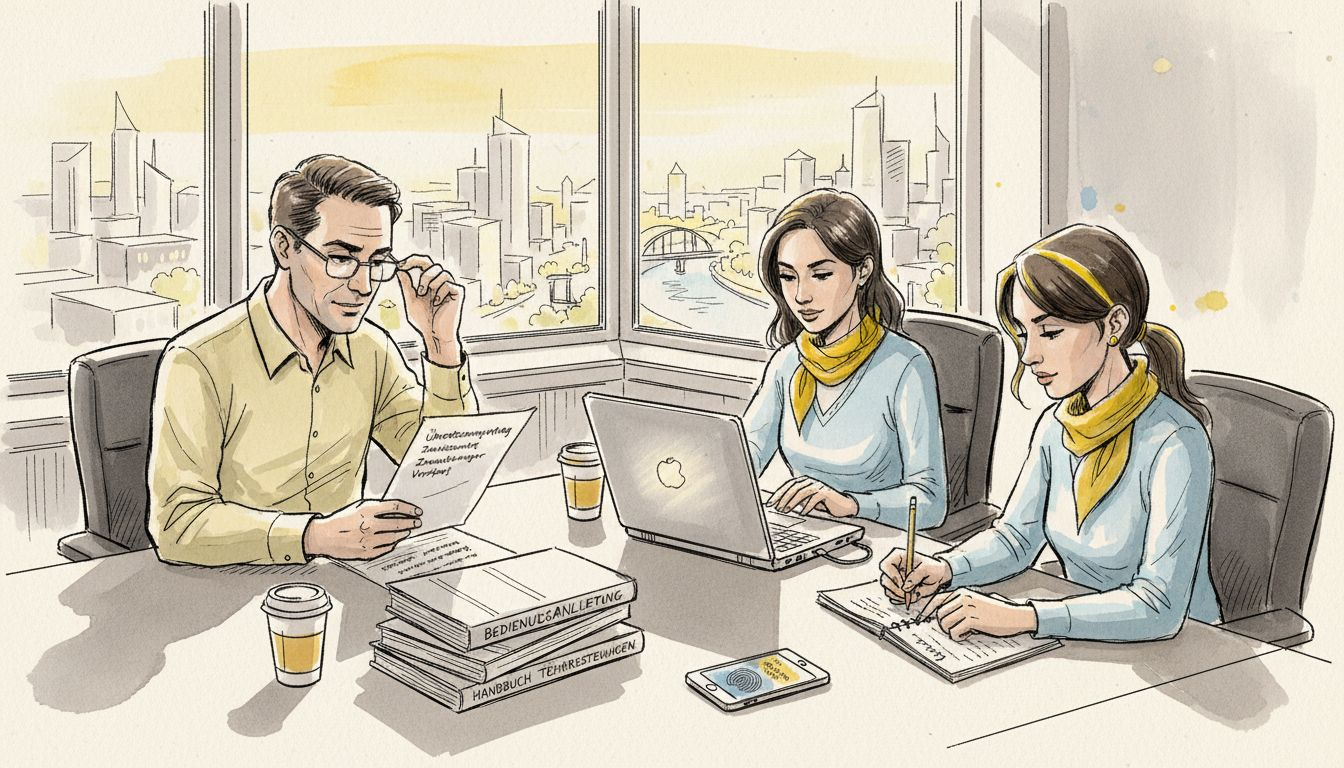 Während einer Besprechung im Unternehmen gehen Übersetzer gemeinsam wichtige Unterlagen durch.