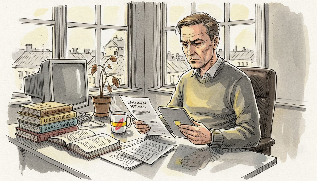 Kääntäjä vertailee asiakirjoja työpöytänsä ääressä.