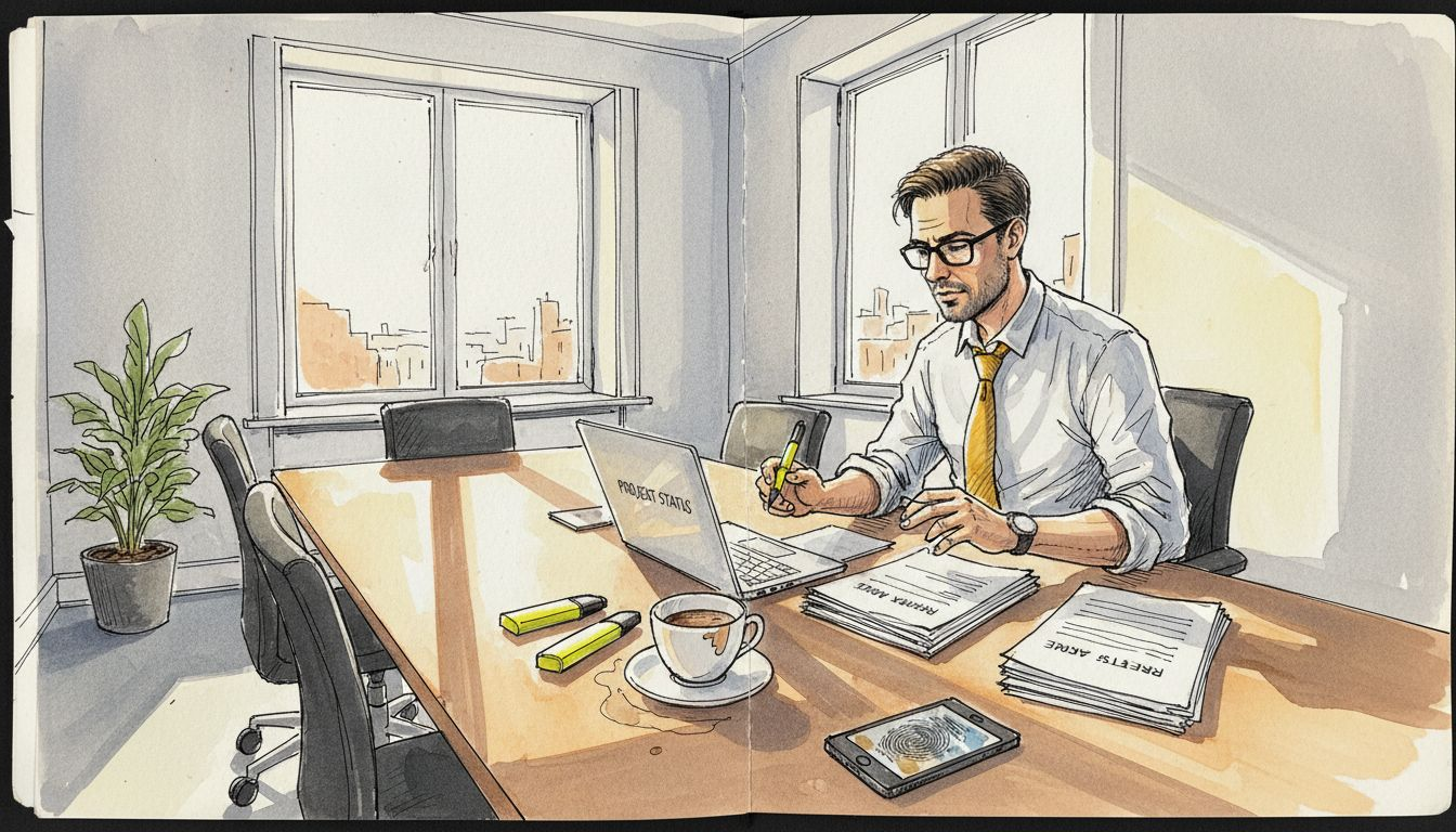 En forretningsmand gennemgår papirer i sit lyse hjørnekontor.