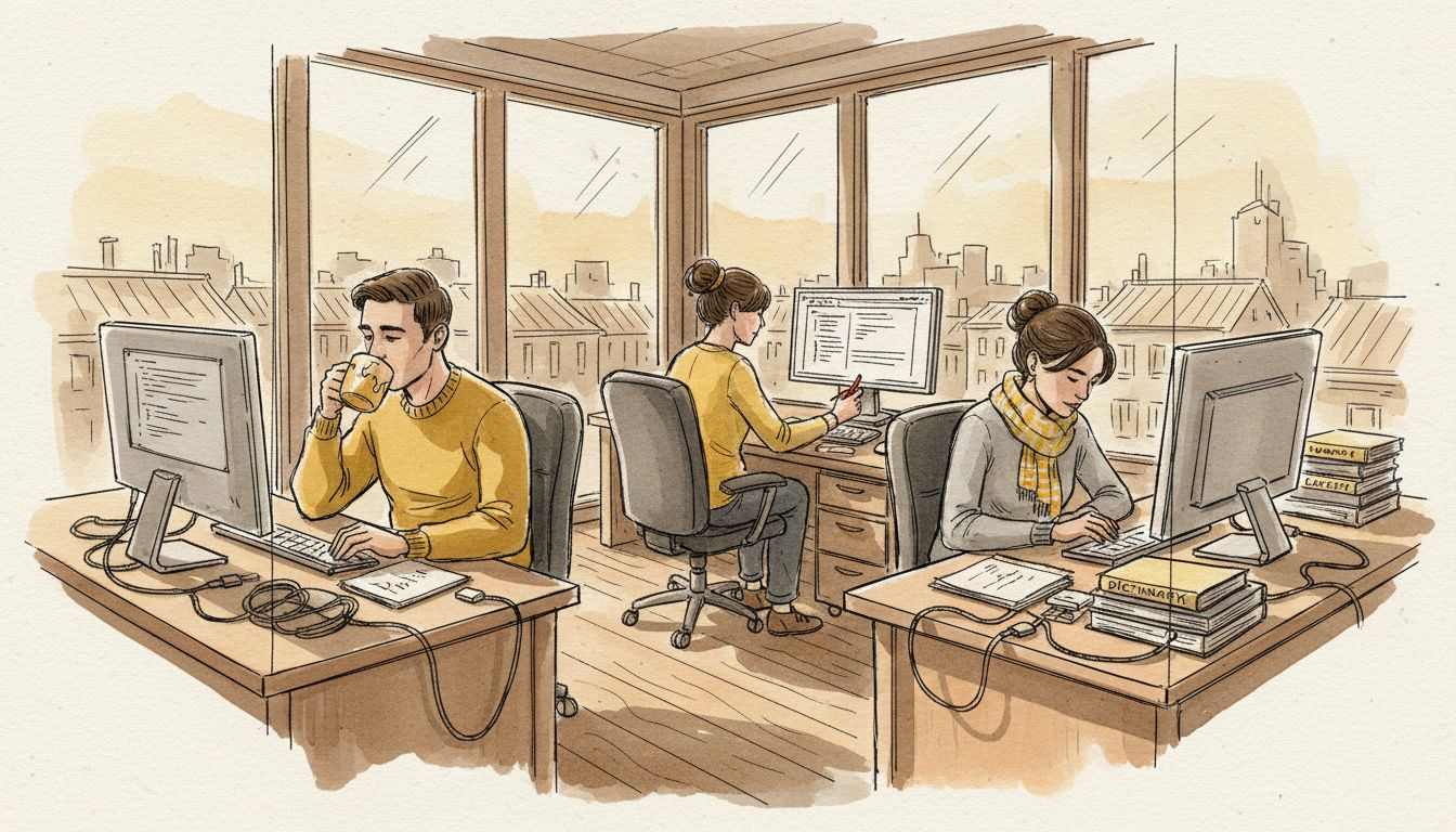 Translators working in glass corner office