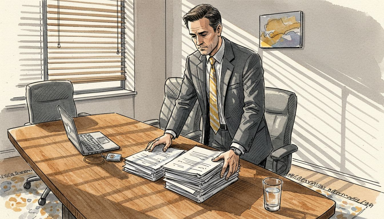 Compliance officer reviewing documents at table