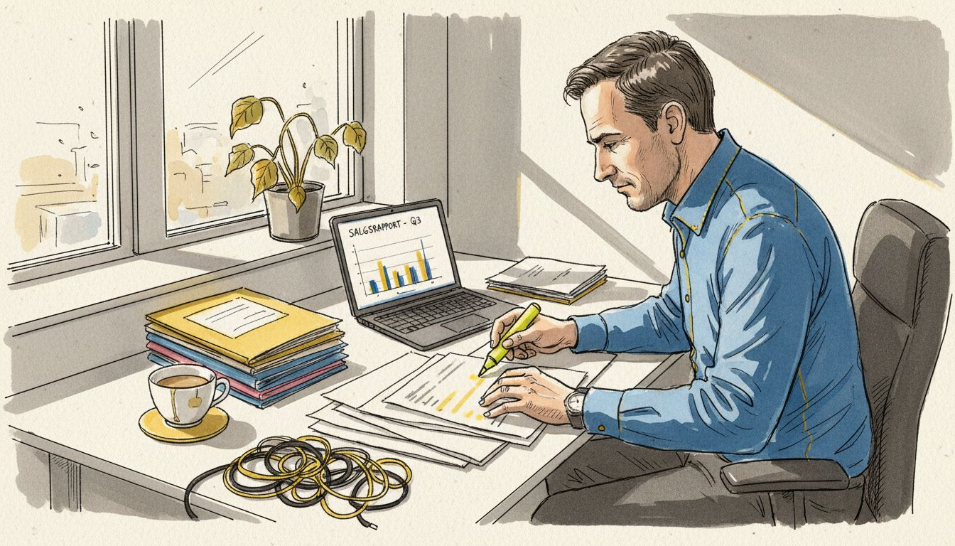 En mand gennemgår dokumenter for at sikre, at oversættelsen lever op til kravene om datasikkerhed.