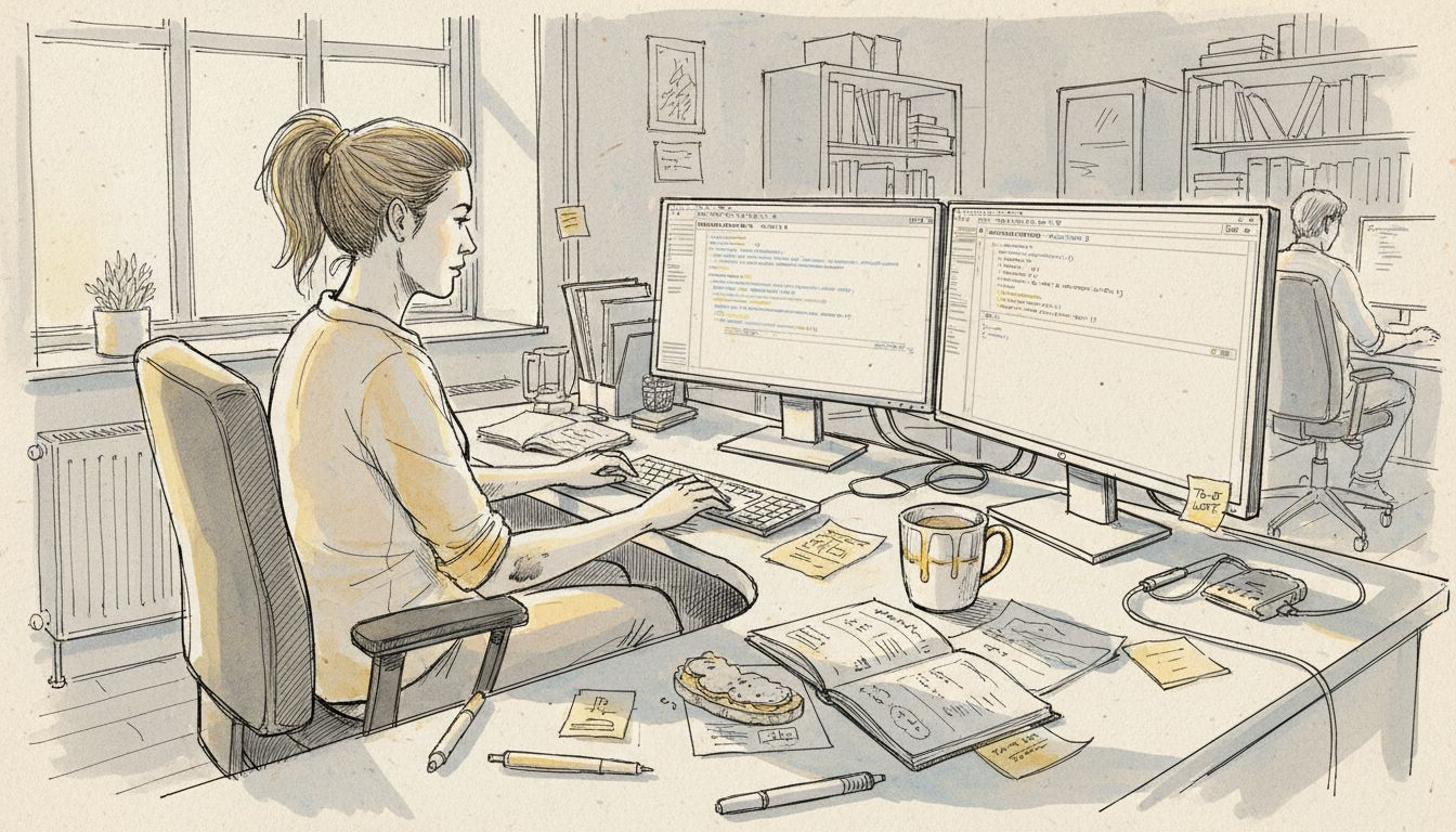 Kvinde arbejder ved sin arbejdsstation og styrer et oversættelsessystem baseret på kunstig intelligens.