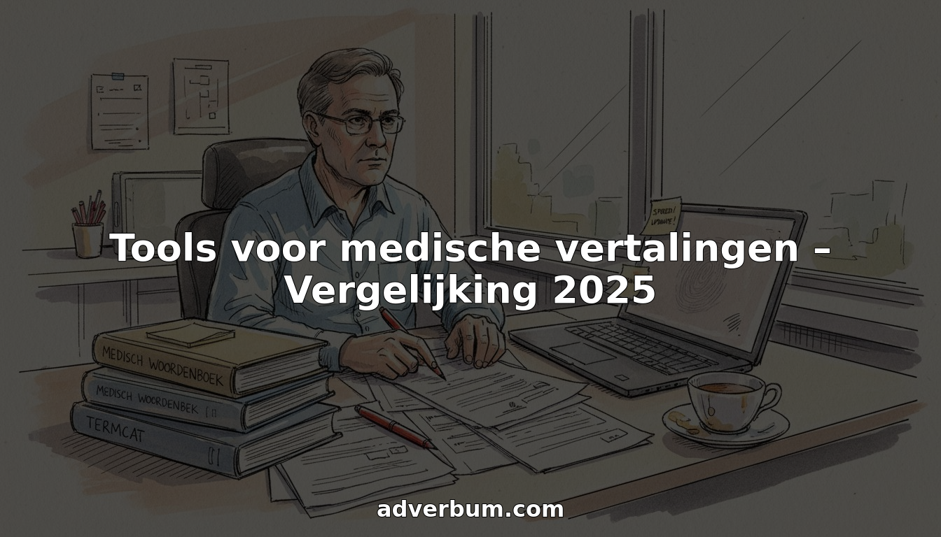 Een medisch vertaler verdiept zich aan zijn bureau in diverse documenten om de inhoud nauwkeurig te controleren.