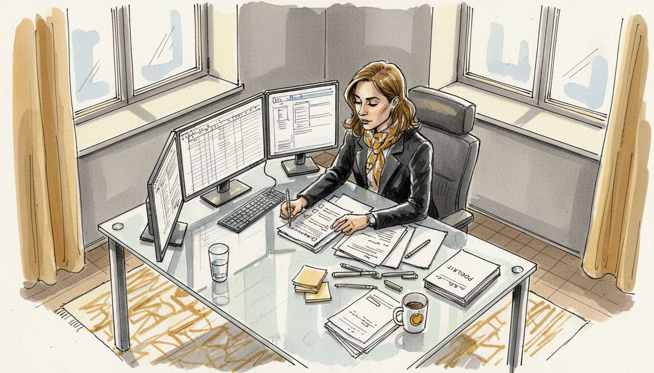 Käännöspäällikkö käy läpi asiakirjoja oman toimistonsa rauhassa.