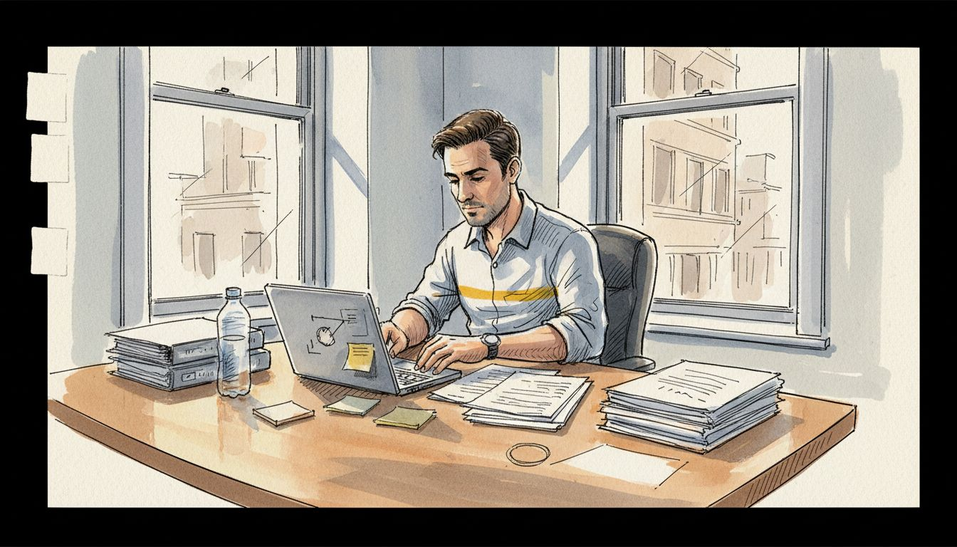 Manager comparing translations in corner office